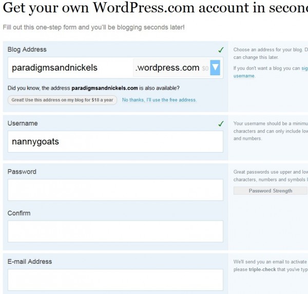 wordpress, new account