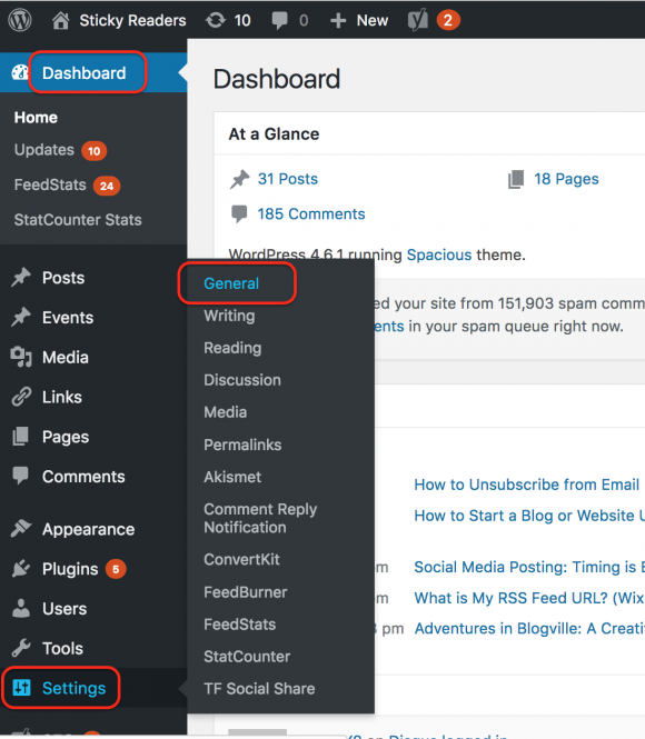 blogging, WordPress Dashboard screen